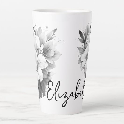 Zwart-wit Bloemen Naam Latte Mok (Voorkant)