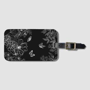 Zwart-wit Bloemen Natuur Patroon Minimalistisch Bagagelabel