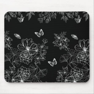 Zwart-wit Bloemen Natuur Patroon Minimalistisch Muismat