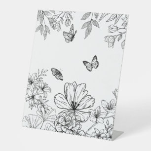 Zwart-wit Bloemen Natuur Patroon Minimalistisch Reclamebord Met Voetstuk