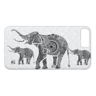 Zwart & wit Bloemen Paisley Olifant-Monogram iPhone 8 Plus / 7 Plus Hoesje