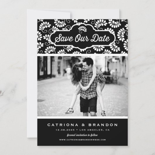 Zwart-wit Bloemen Patroon Foto Opslaan Onze Datum Save The Date (Voorkant)