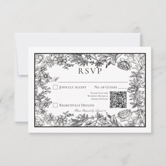 Zwart & Wit  Bloemen QR Code Bruiloft RSVP Kaartje (Voorkant)