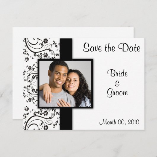 Zwart-wit Bloemen Save the Date Briefkaarten (Voorkant / Achterkant)