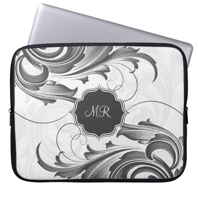 Zwart-wit  Bloemen Swirls-Monogram Laptop Sleeve (Voorkant)