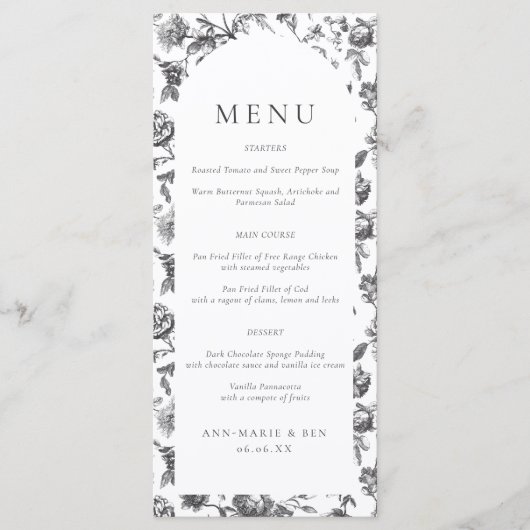 Zwart & Wit Bloemen Toile Arch Wedding Menu (Voorkant)