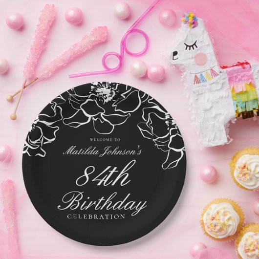 Zwart Wit Bloemen Verjaardagsfeest Papieren Bordje (Feest)