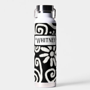 Zwart Wit Bloemen & Wervelingen Bloemen Gepersonal Waterfles