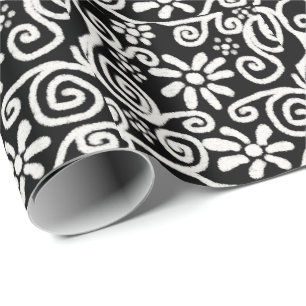 Zwart Wit Bloemen & Wervelingen Bloemen Patroon Cadeaupapier