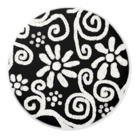 Zwart Wit Bloemen & Wervelingen Bloemen Patroon Keramische Knop (Voorkant)
