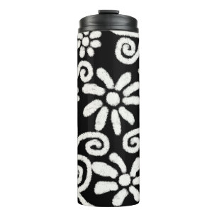 Zwart Wit Bloemen & Wervelingen Bloemen Patroon Thermosbeker