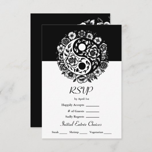 Zwart-wit Bloemen Yin Yang Bruiloft RSVP Kaart (Voorkant / Achterkant)