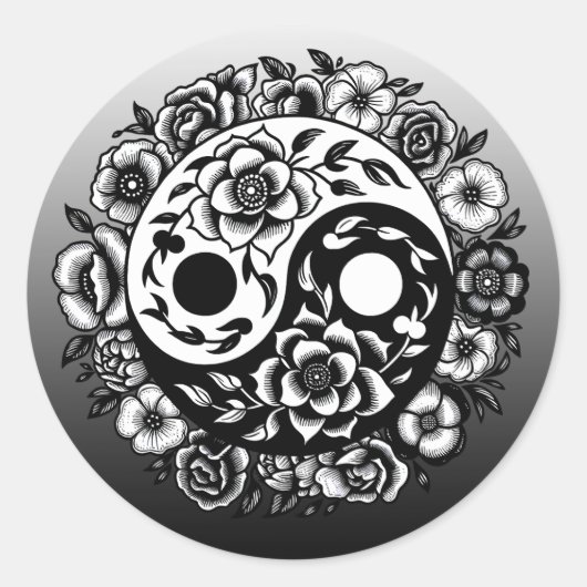 Zwart-wit Bloemen Yin Yang Ronde Sticker (Voorkant)