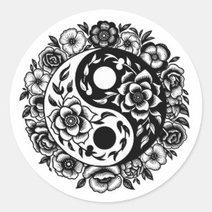 Zwart-wit Bloemen Yin Yang Ronde Sticker