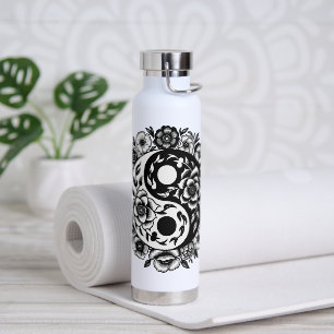 Zwart-wit Bloemen Yin Yang Waterfles
