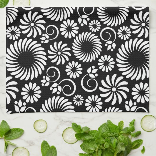 Zwart-wit bloemenbadhanddoek theedoek (Gevouwen)