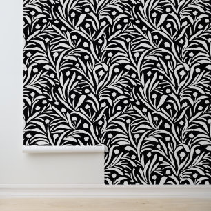Zwart-wit bloemenblad patroon behang