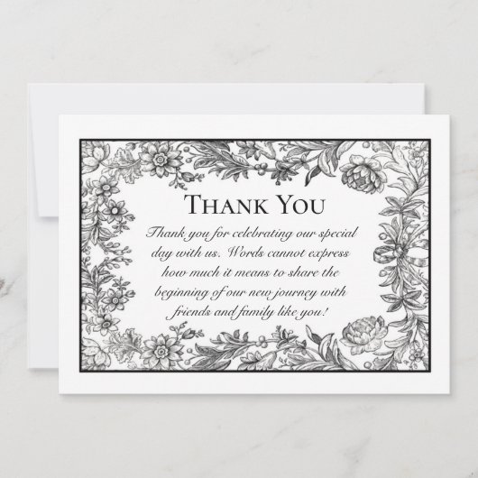 Zwart-wit  bloemenbruiloft bedankkaart (Voorkant)