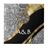 Zwart & wit bloemendamast patroon tegeltje (Voorkant)