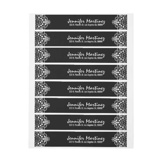 Zwart-wit bloemenkant ontwerp omwikkelbaar adreslabel (Vel)
