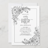 Zwart Wit Bloemenlijn Art 60e Verjaardag Kaart (Voorkant)