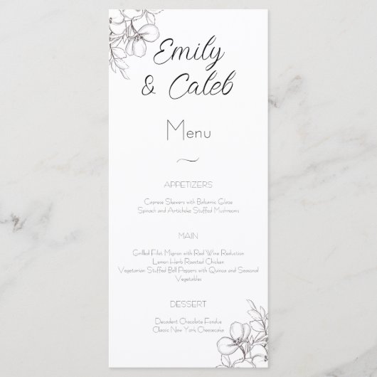 Zwart-wit Bloemenlijn Art Bruiloft Menu (Voorkant)