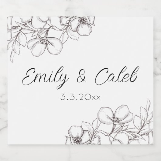 Zwart & Wit Bloemenlijn Kunst Bruiloft Sparkling Wijnetiket (Enkel label)