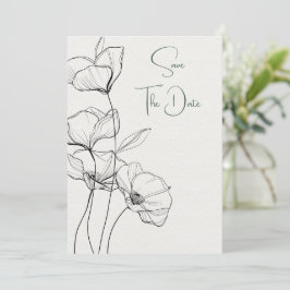 Zwart-wit Bloemenlijn Kunst op Ivoor Save The Date