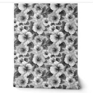 Zwart-wit bloemenpatroon hibiscus bloemen behang