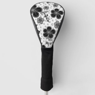 Zwart-wit bloemenprint golfheadcover