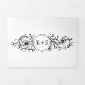 Zwart-wit bloemig lijst met initialen bruiloft drieluik uitnodiging (Cover)