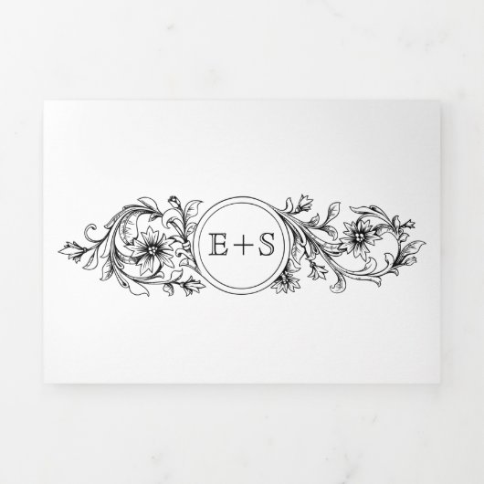 Zwart-wit bloemig lijst met initialen bruiloft drieluik uitnodiging (Cover)