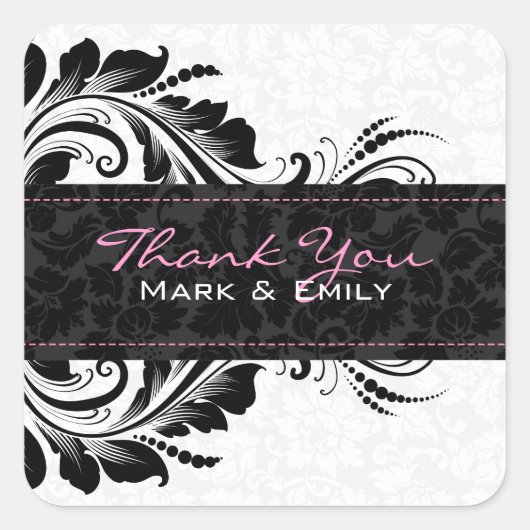 Zwart-wit bloemig Ornament Vierkante Sticker (Voorkant)
