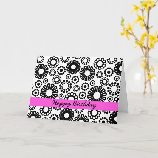 Zwart-wit bloemige verjaardagskaart kaart (Gele Bloem)