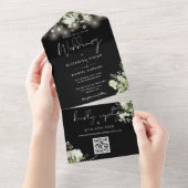 Zwart-wit bloemlichten QR code bruiloft All In One Uitnodiging (Afscheurbaar)