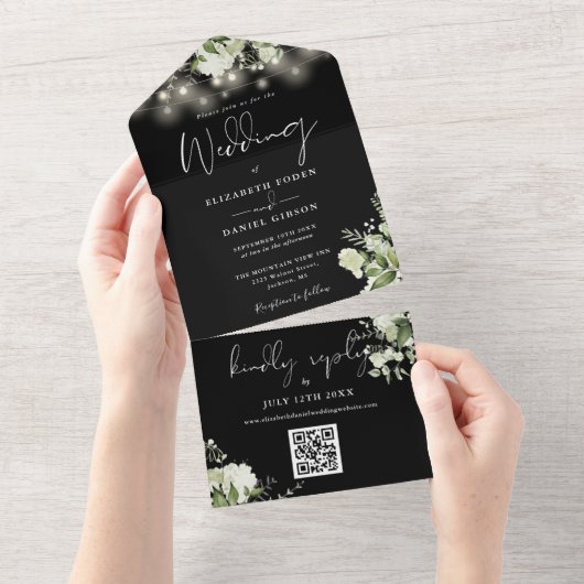 Zwart-wit bloemlichten QR code bruiloft All In One Uitnodiging (Afscheurbaar)