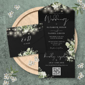 Zwart-wit bloemlichten QR code bruiloft All In One Uitnodiging