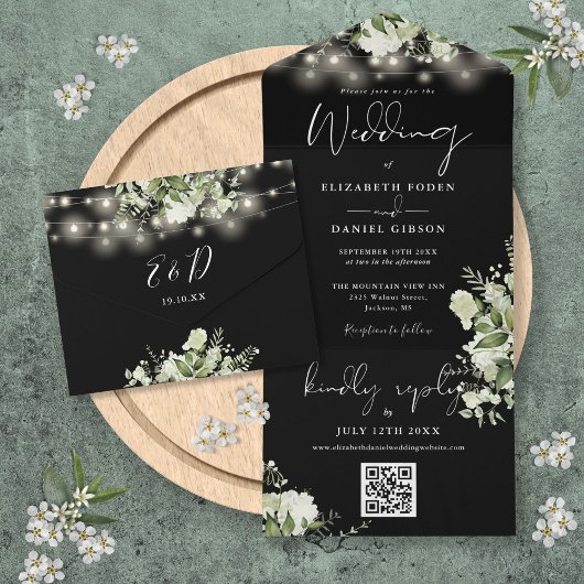 Zwart-wit bloemlichten QR code bruiloft All In One Uitnodiging