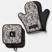  zwart-wit bloemmonogram naam ovenwant & pannenlap set (Voorkant / Achterkant)
