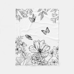 Zwart-wit bloemmotief minimalistisch modern fleece deken