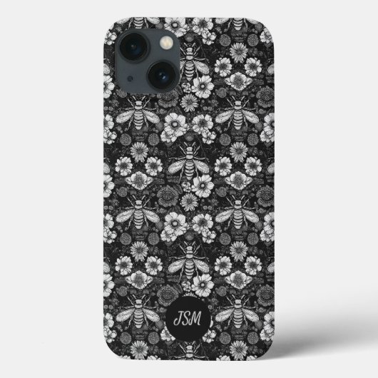 Zwart Wit Bloempatroon Bijen Initialen Case-Mate iPhone Case (Achterkant)