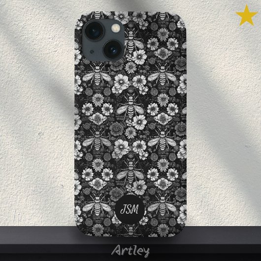 Zwart Wit Bloempatroon Bijen Initialen Case-Mate iPhone Case