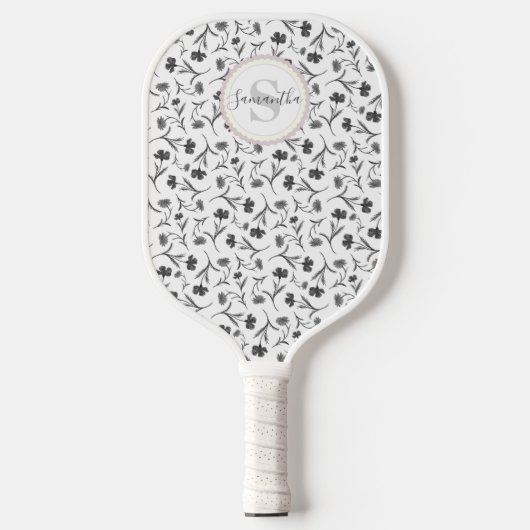 Zwart-wit bloempatroon - Naam en monogram Pickleball Paddle (Voorkant)
