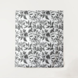 zwart-wit bloempatroon varens wandkleed