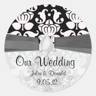 zwart-wit bloemrijk damast bruiloft ronde sticker