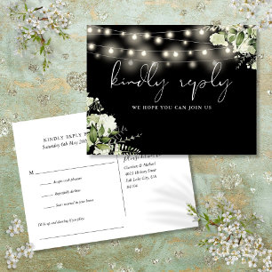 Zwart-Wit Bloemrijke Lichtjes Liedverzoek RSVP Uitnodiging Briefkaart