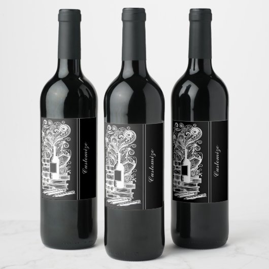 Zwart-wit boeken en wijn 4 wijn etiket (Flessen)