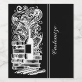 Zwart-wit boeken en wijn 4 wijn etiket (Enkel label)