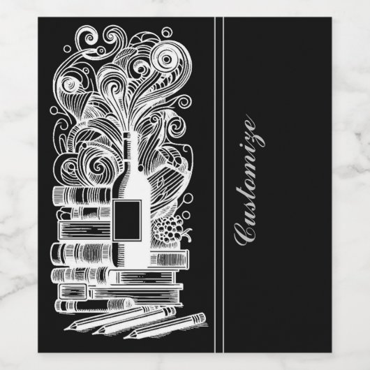 Zwart-wit boeken en wijn 4 wijn etiket (Enkel label)