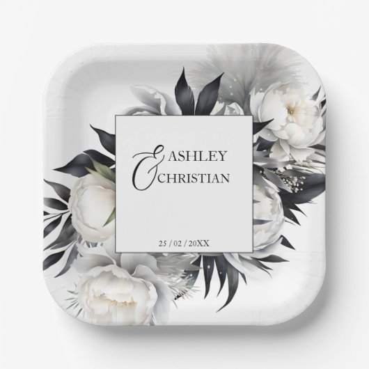 Zwart-wit boho bruiloft servies sjabloon papieren bordje (Voorkant)